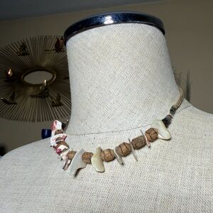 Vintage Tribal Shell & Wood Bead Surfer Choker Necklace